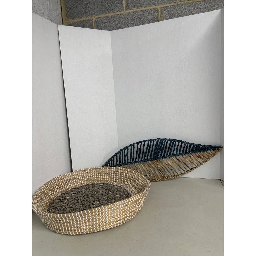 Woven Seagrass Round Tray‎ and Blue Leaf Decor Set Coastal Boho Home Accents